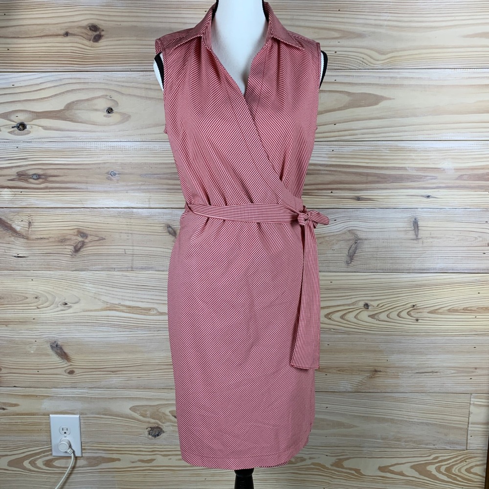 DKNY Wrap Dress 8 Red Gingham Check Sleeveless Collared Picnic Wedding Guest